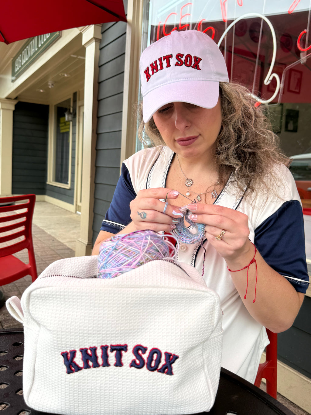 Knit Sox – White Zip Pouch – Red & Navy Puff Embroidery | TIMI