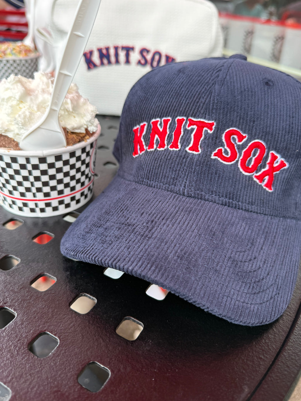 Knit Sox – Navy Corduroy Hat – Red + White Puff Embroidery | Maker Favorite