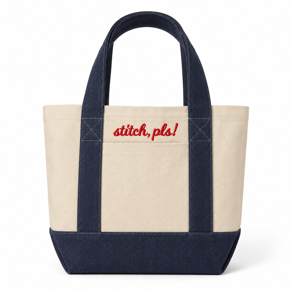Stitch, Pls! – Natural/Dark Denim Mini Tote – Red 3D Puff Embroidery | TIMI