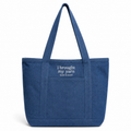 I Brought My Yarn (Just in Case) – Denim Tote Bag with Pockets – White Embroidery | Maker Favorite