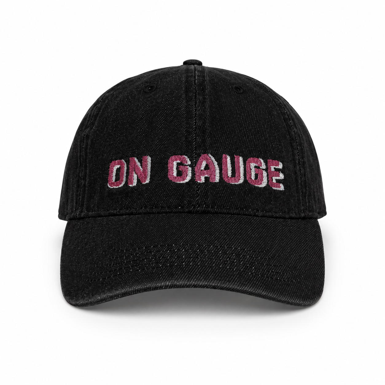 Black cap with 'ON GAUGE' text in pink on a white background