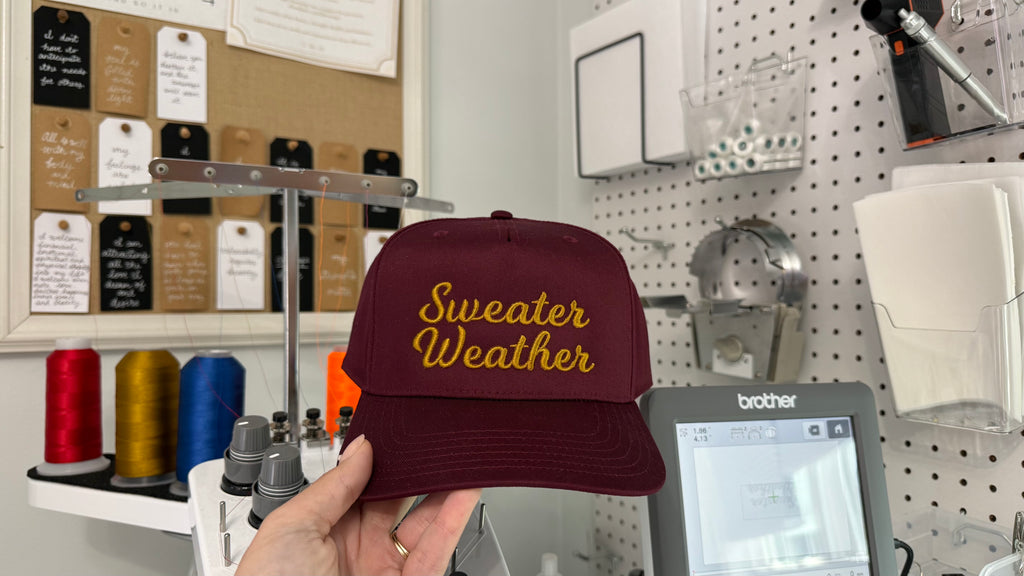 Sweater Weather – Burgundy Structured Hat – Old Gold 3D Puff Embroidery | TIMI