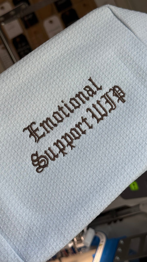 Emotional Support WIP – Baby Blue Waffle Project Pouch – Brown Gothic Embroidery