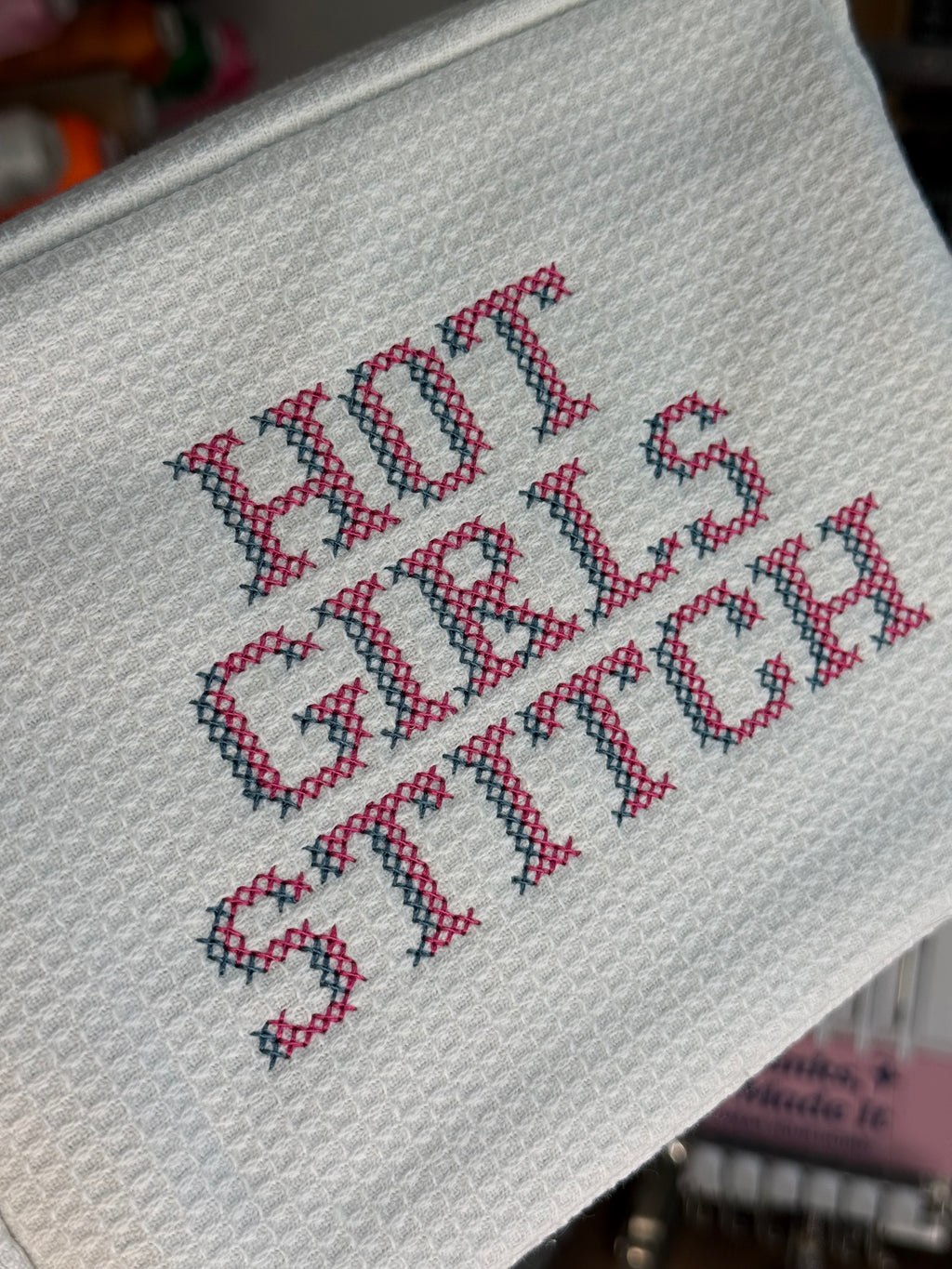 Hot Girls Stitch White Waffle Pouch – Pink + Slate Blue Cross Stitch Embroidery