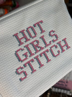 Hot Girls Stitch White Waffle Pouch – Pink + Slate Blue Cross Stitch Embroidery