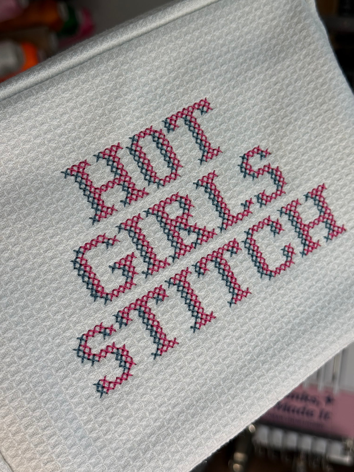 Hot Girls Stitch White Waffle Pouch – Pink + Slate Blue Cross Stitch Embroidery
