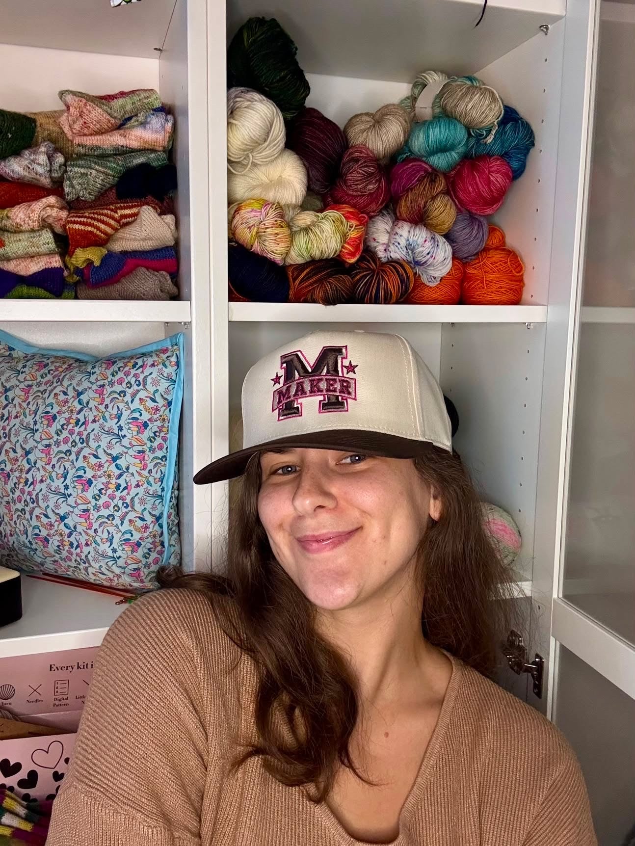 Maker – Cream/Brown Structured Hat – Brown + Dark Pink 3D Puff Embroidery | Maker Favorite