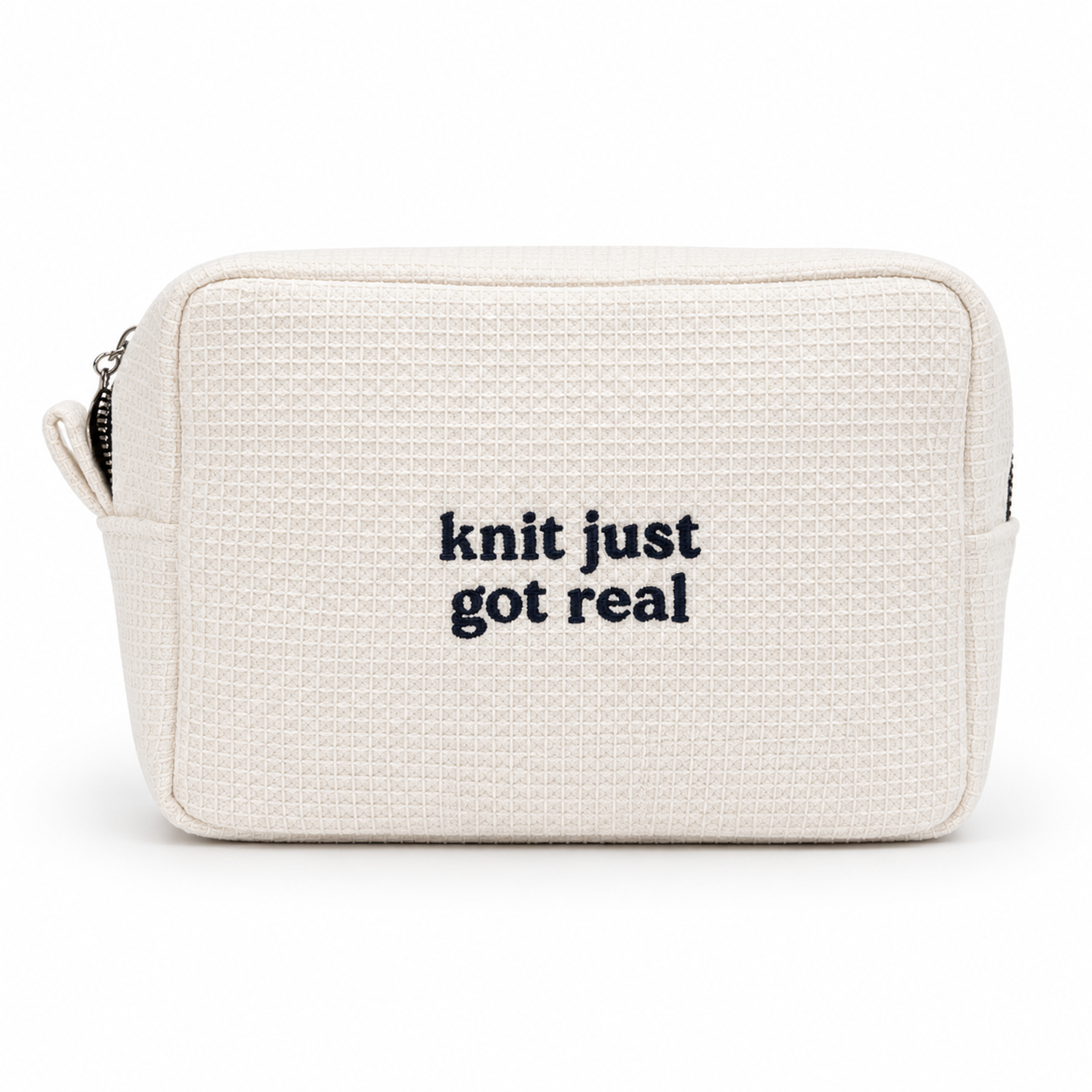 Knit Just Got Real - White Waffle Project Pouch – Navy Embroidery | Maker Favorite