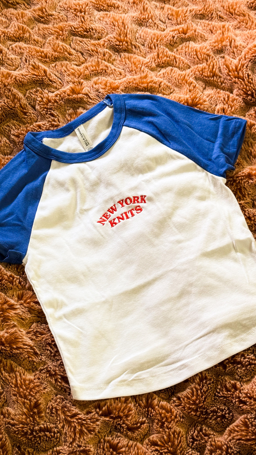 New York Knits - White/Blue Raglan Baby Tee – Orange Embroidery
