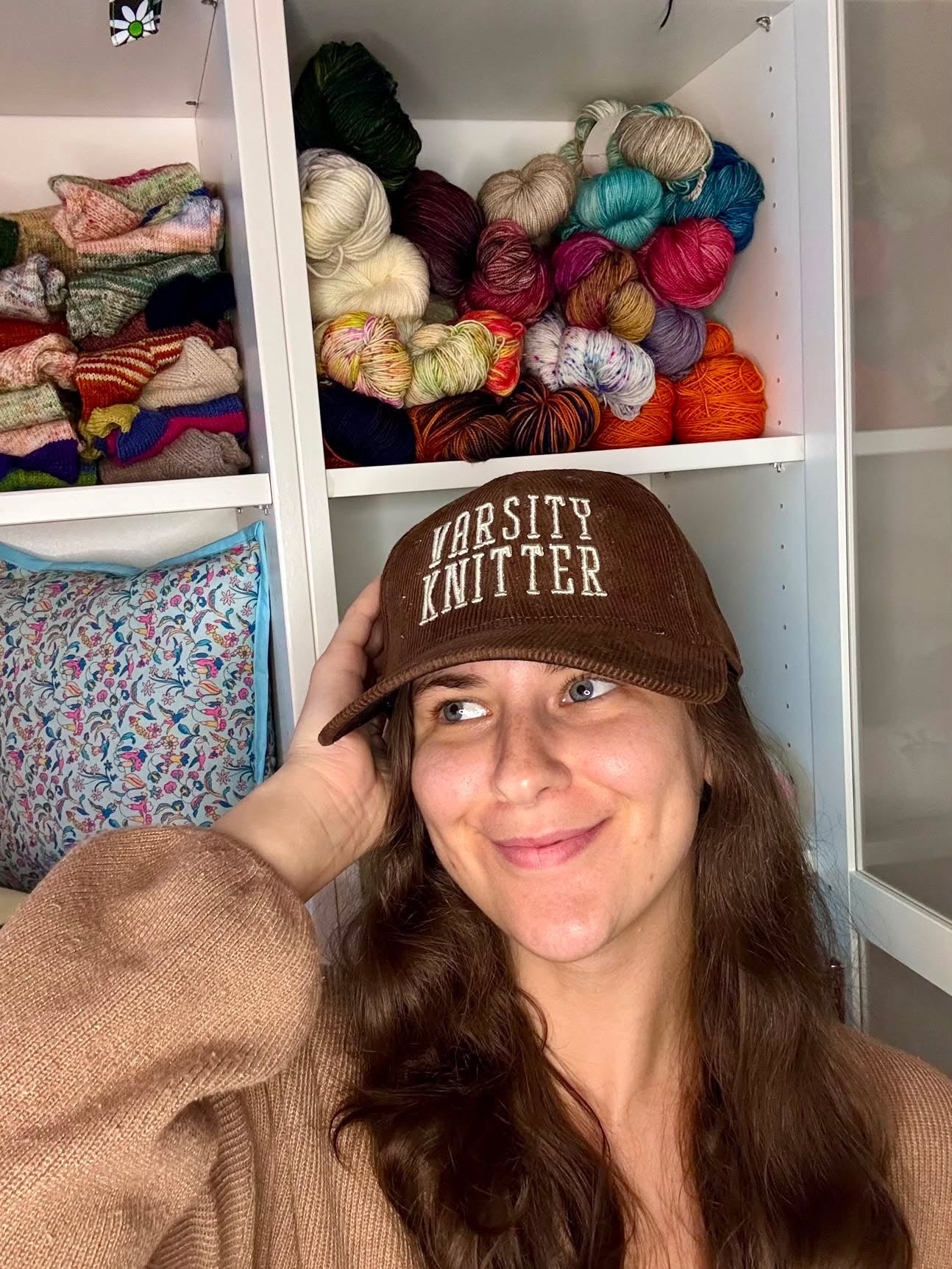Varsity Knitter – Brown Corduroy Hat – Taupe Puff Embroidery | Maker Favorite