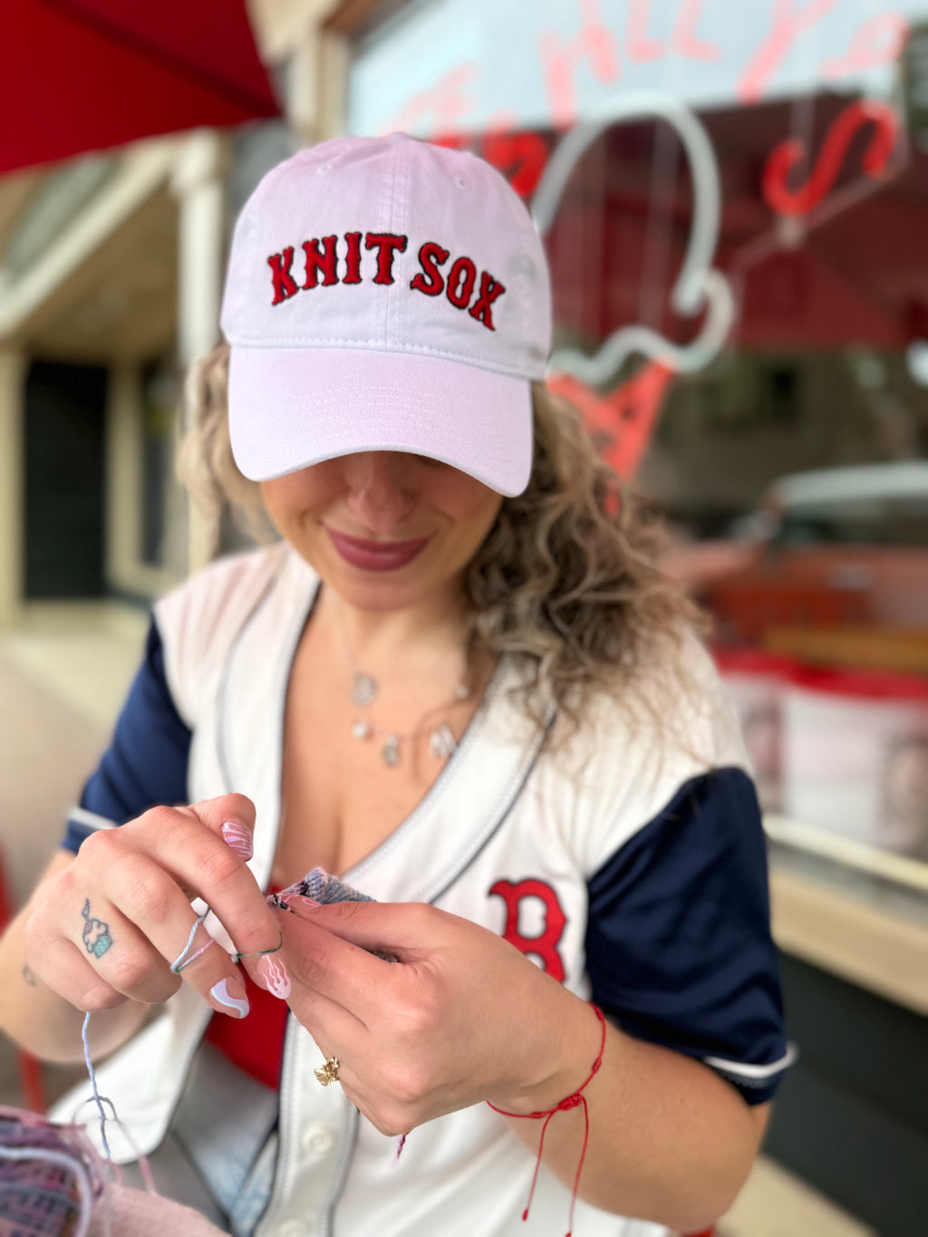 Knit Sox – White Dad Hat – Red Puff + Navy Embroidery | Maker Favorite