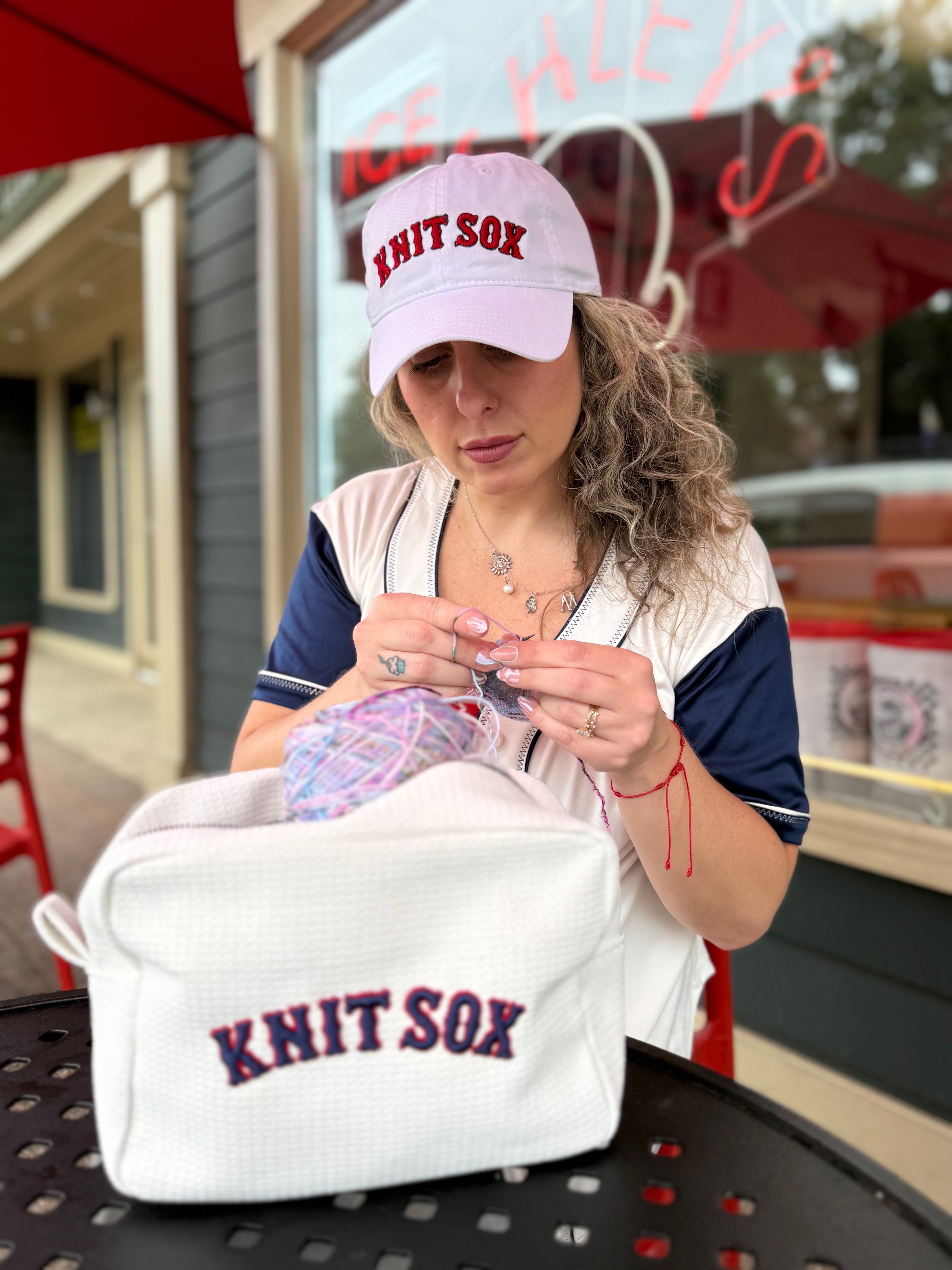 Knit Sox – White Dad Hat – Red Puff + Navy Embroidery | Maker Favorite