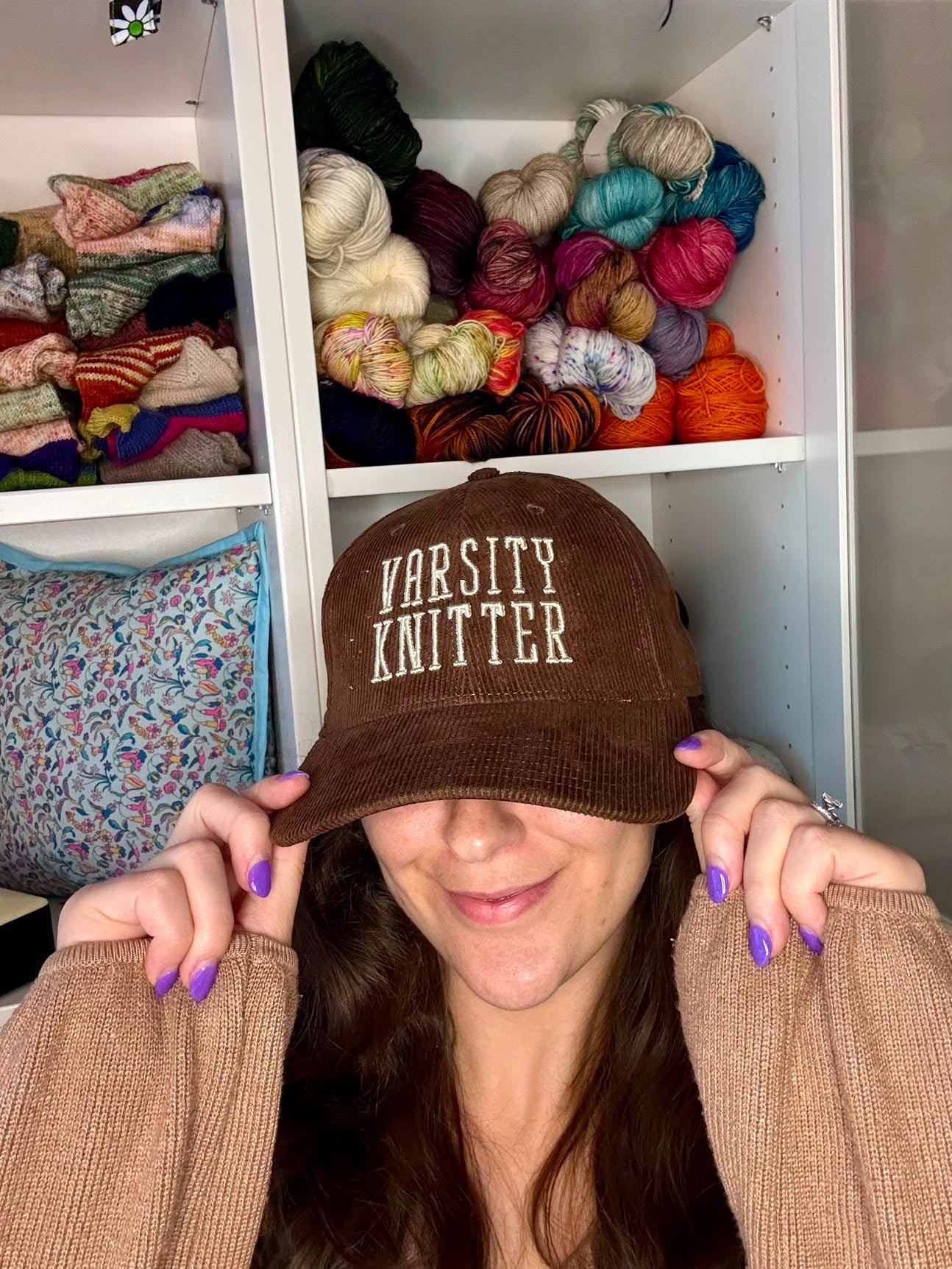 Varsity Knitter – Brown Corduroy Hat – Taupe Puff Embroidery | Maker Favorite