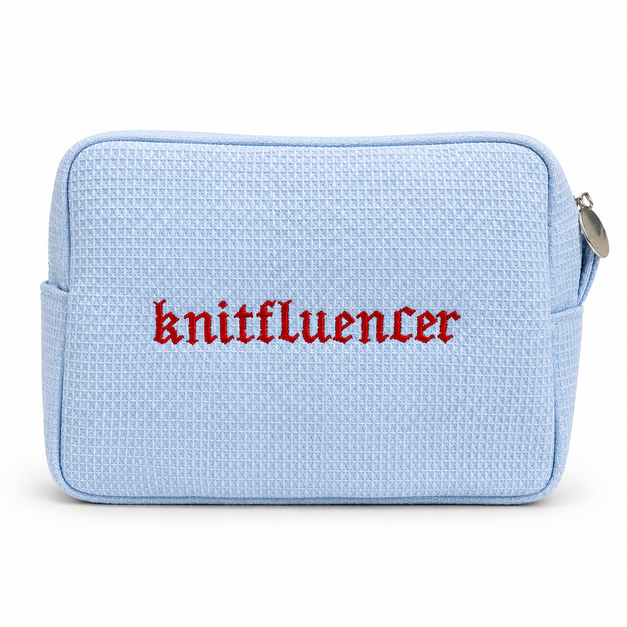 Knitfluencer – Light Blue Waffle Project Pouch – Red Gothic Embroidery | Maker Favorite