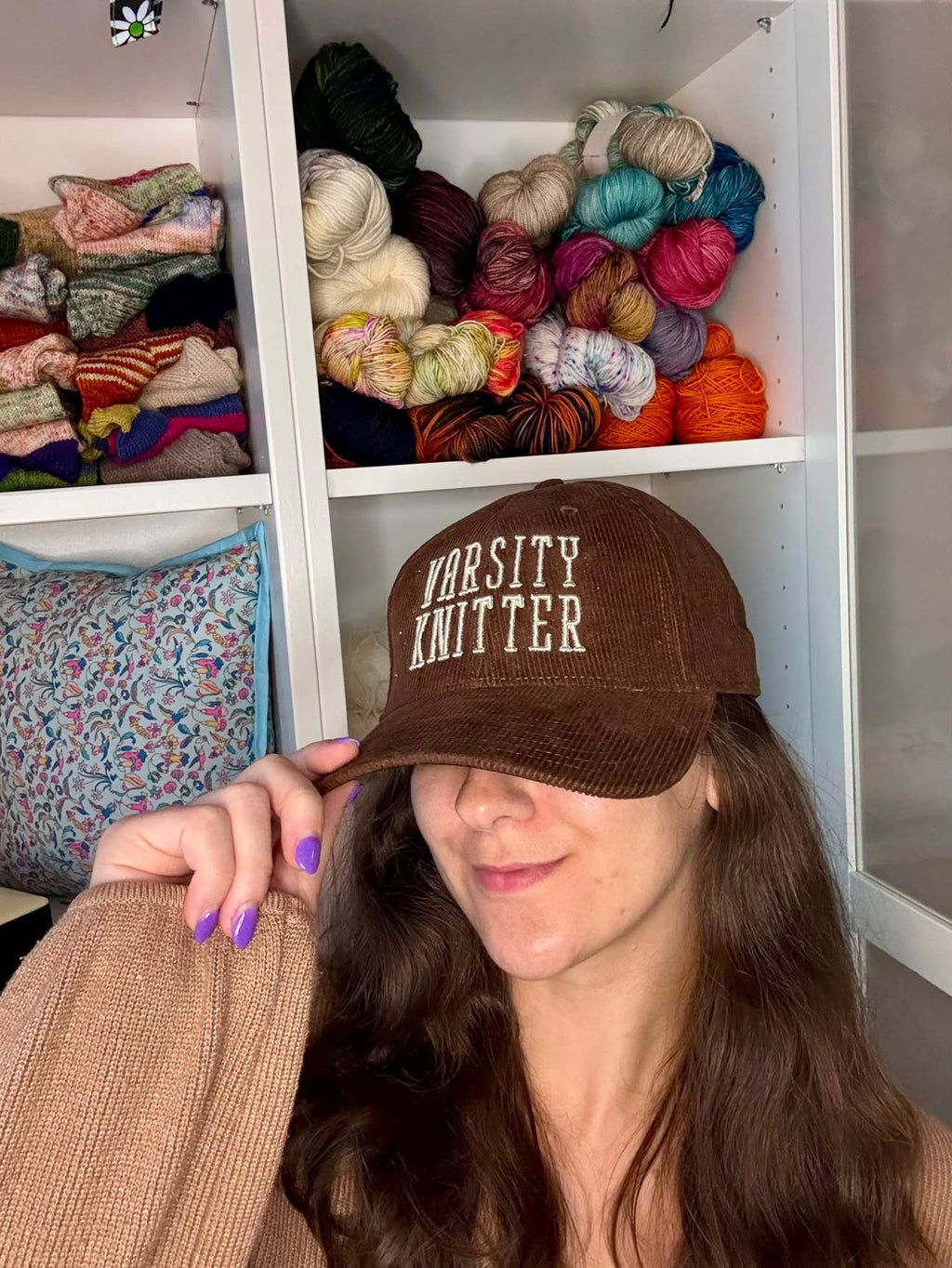 Varsity Knitter – Brown Corduroy Hat – Taupe Puff Embroidery | Maker Favorite