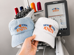 New York Knits – Light Wash Denim Hat – Blue + Orange Embroidery