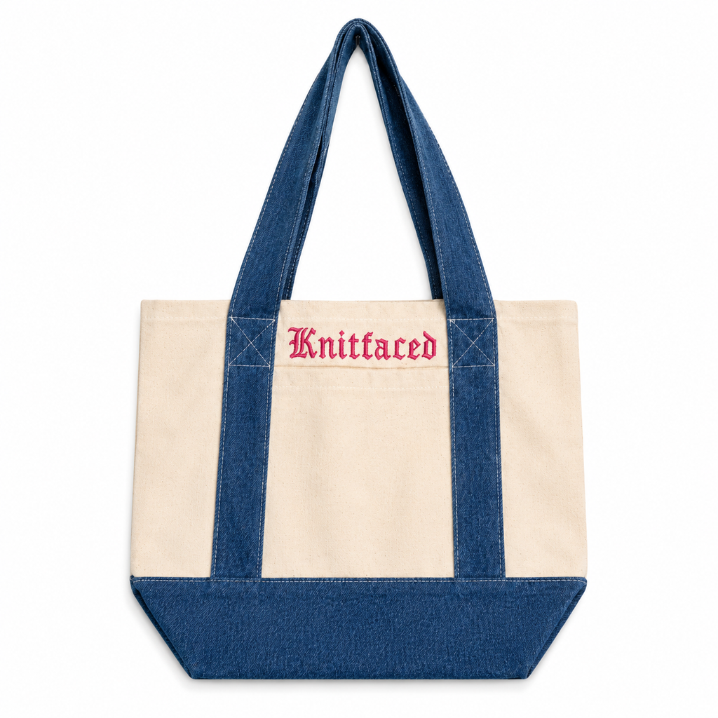Knitfaced - Mini Denim/Natural Pocket Tote – Pink Embroidery | Maker Favorite