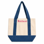 Knitfaced - Mini Denim/Natural Pocket Tote – Pink Embroidery | Maker Favorite