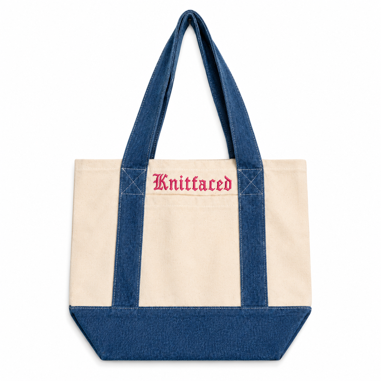 Knitfaced - Mini Denim/Natural Pocket Tote – Pink Embroidery | Maker Favorite
