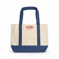 Tote bag with blue handles and bottom, beige body, and red text on a white background
