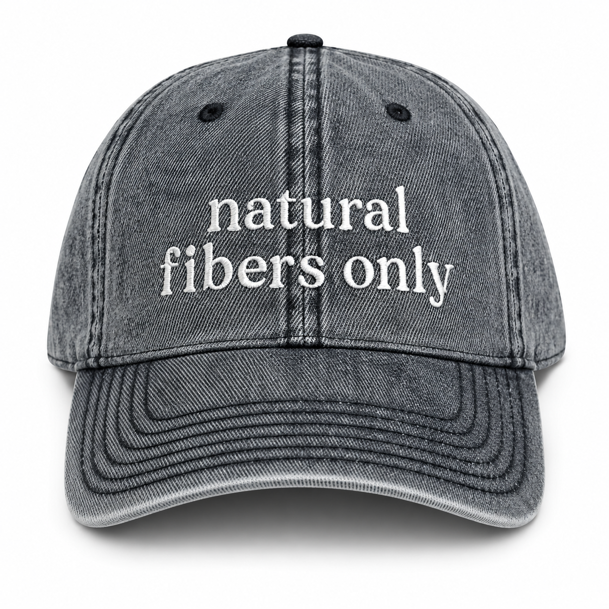 Gray cap with 'natural fibers only' text on a white background