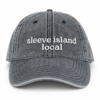 Gray cap with 'sleeve island local' text on a white background