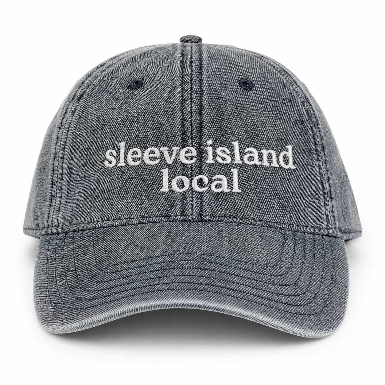 Gray cap with 'sleeve island local' text on a white background