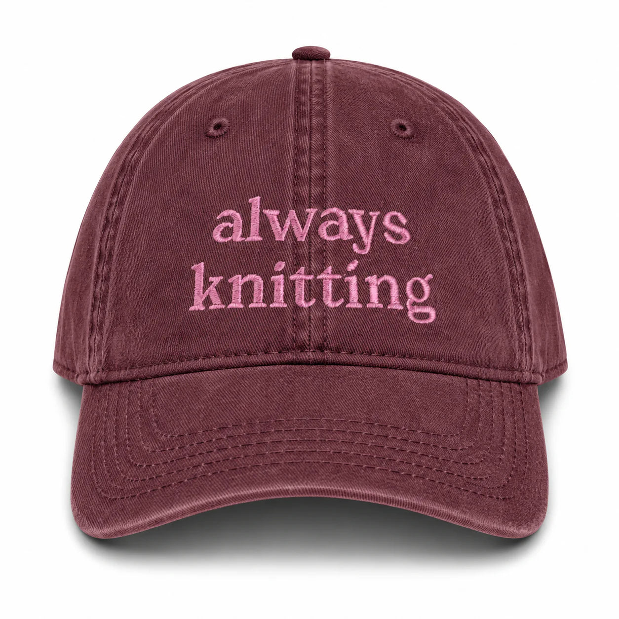 Always Knitting – Burgundy Hat – Pink Embroidery | Maker Favorite
