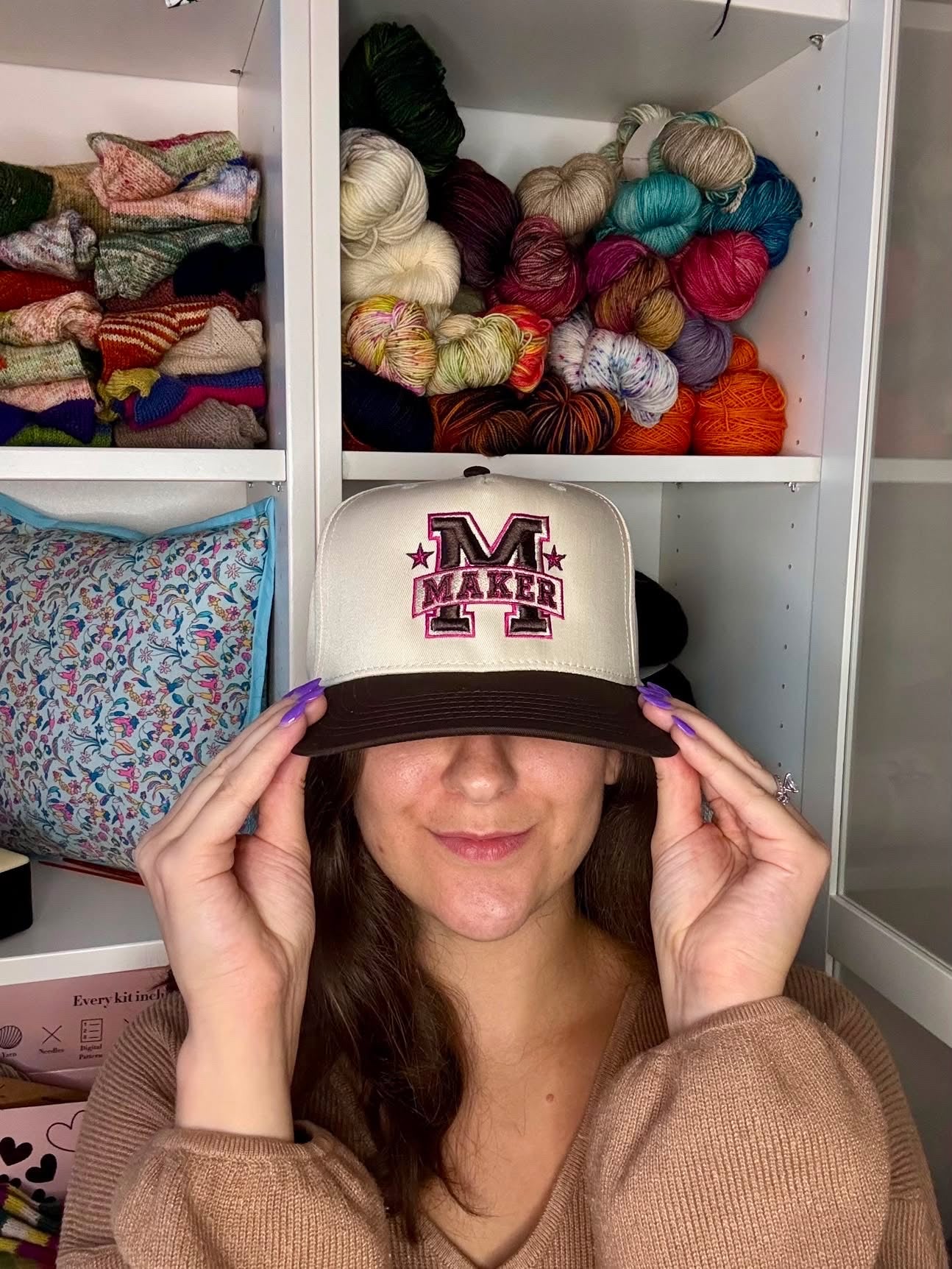 Maker – Cream/Brown Structured Hat – Brown + Dark Pink 3D Puff Embroidery | Maker Favorite