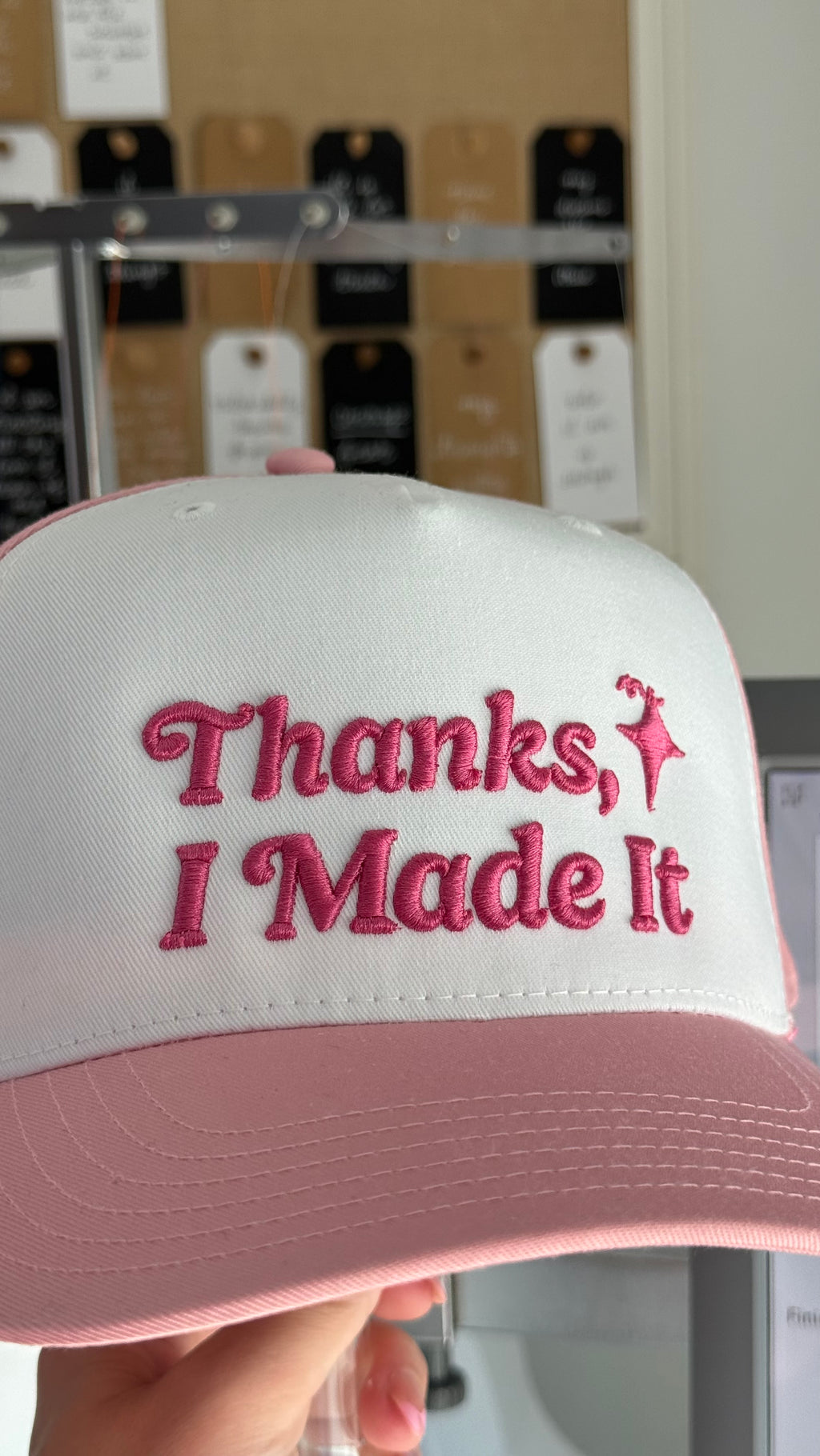 Thanks, I Made It – Pink & White 5-Panel Hat – Pink 3D Puff Embroidery | TIMI