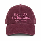 I Brought My Knitting (Just in Case) – Burgundy Hat – Pink Embroidery
