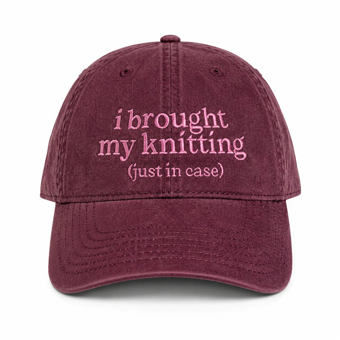 I Brought My Knitting (Just in Case) – Burgundy Hat – Pink Embroidery