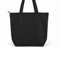 A black canvas tote bag with dual shoulder straps and a silver zipper closure on the left side, shown against a plain white background.