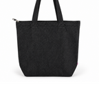 A black canvas tote bag with dual shoulder straps and a silver zipper closure on the left side, shown against a plain white background.