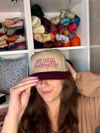 Anti Social Knitting Club – Khaki/Burgundy Structured Hat – Dark Pink Embroidery | Maker Favorite