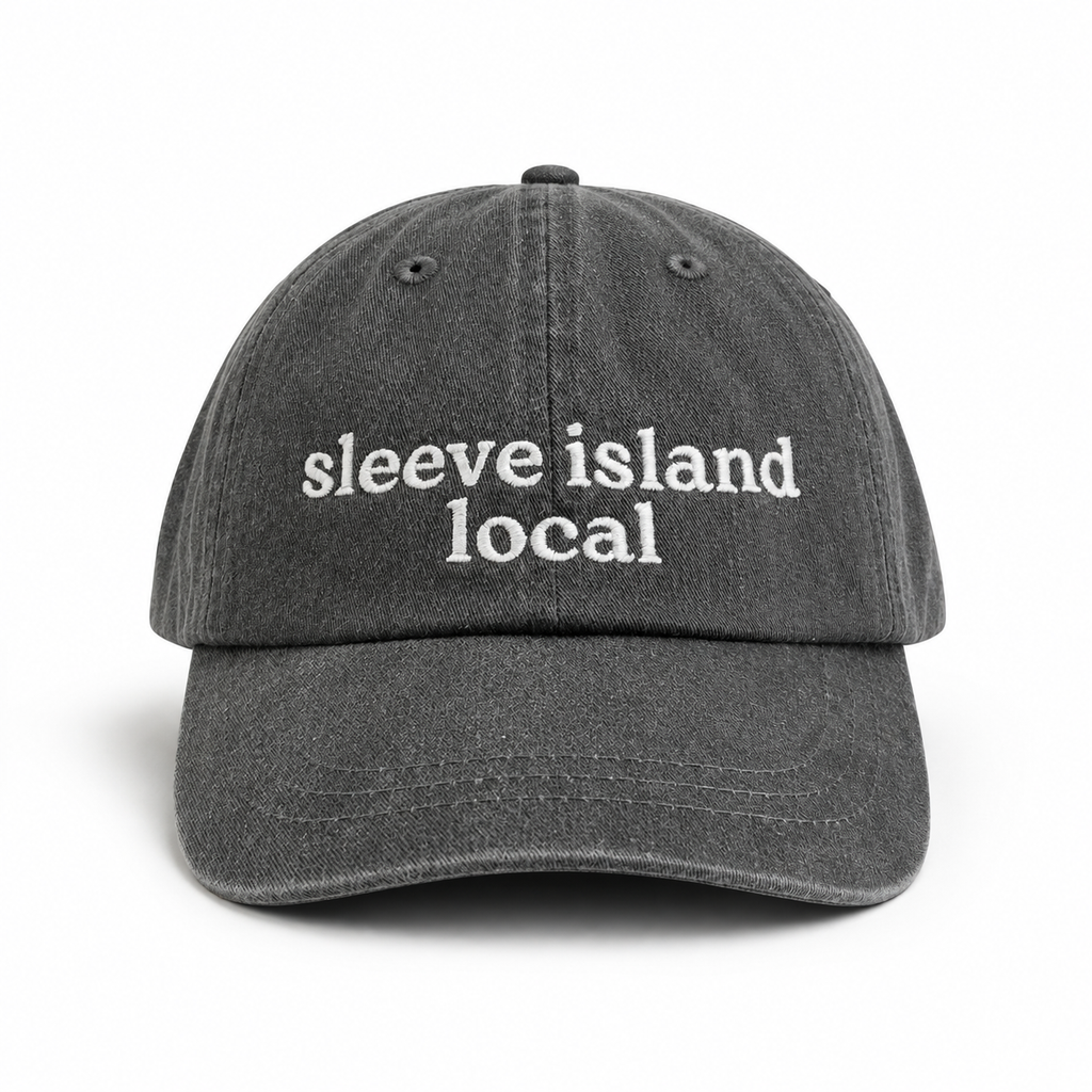 Gray cap with 'sleeve island local' text on a white background