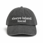 Gray cap with 'sleeve island local' text on a white background