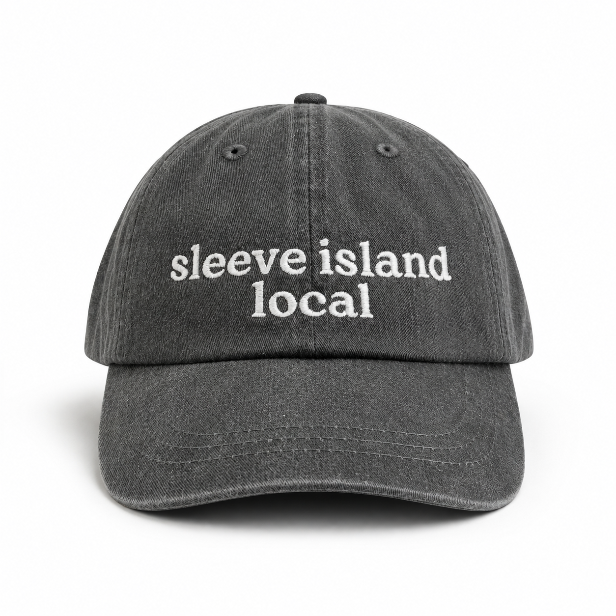Gray cap with 'sleeve island local' text on a white background