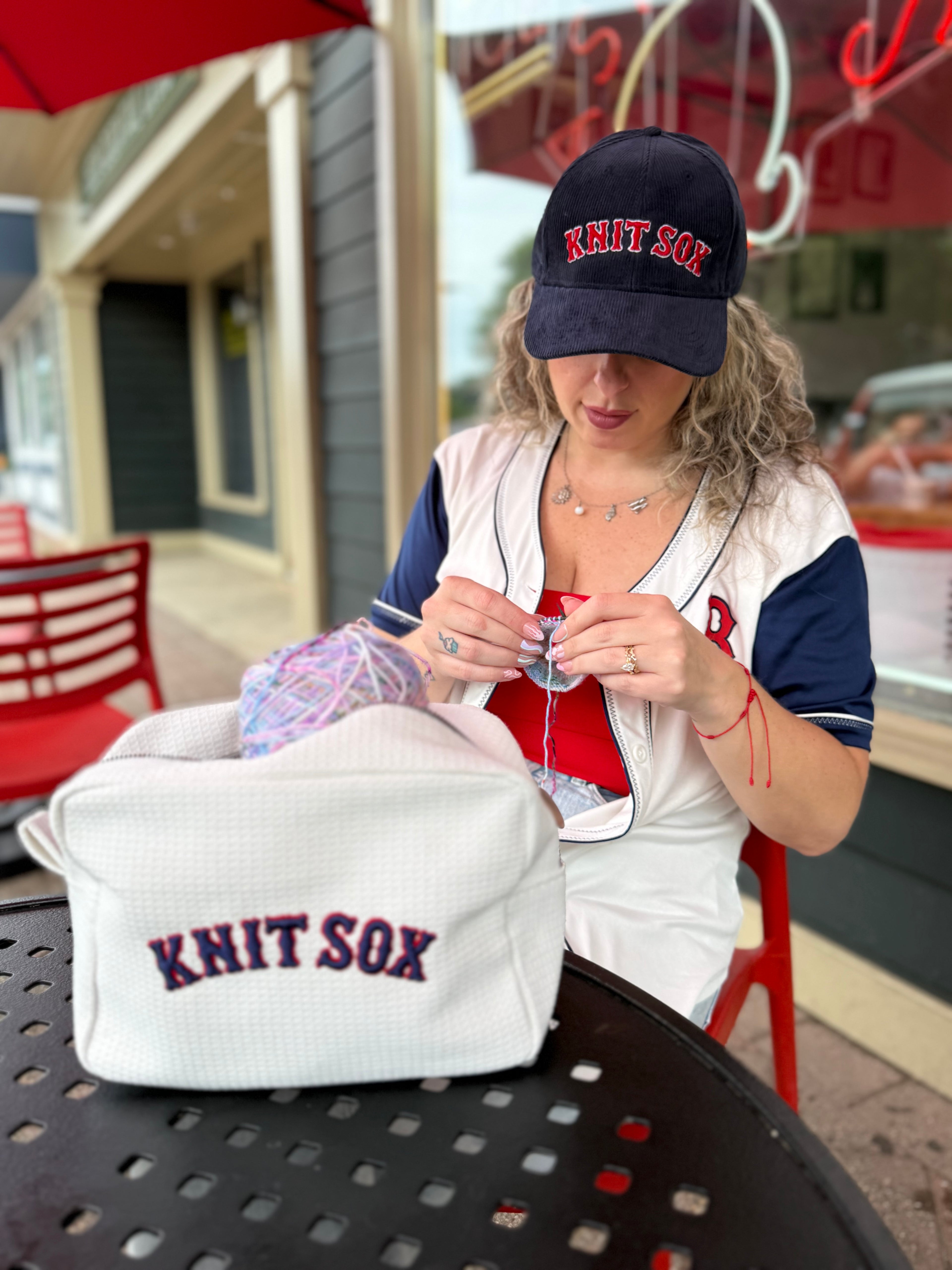 Knit Sox – White Zip Pouch – Red & Navy Puff Embroidery | TIMI