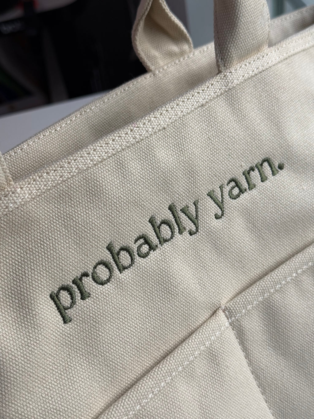 Probably Yarn Natural Canvas TIMI Tote™ – Dark Olive Classic Embroidery