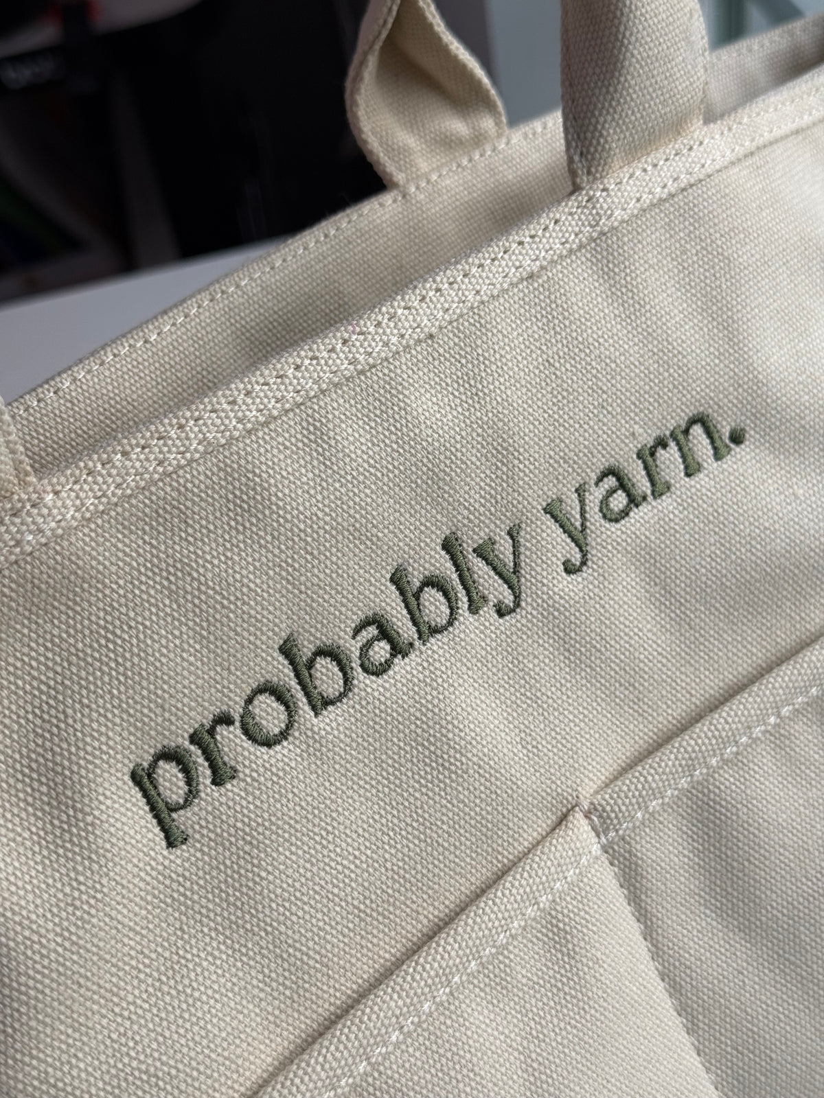 Probably Yarn Natural Canvas TIMI Tote™ – Dark Olive Classic Embroidery