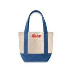 Tote bag with blue top half and beige bottom half, featuring the word 'Maker' in red text.