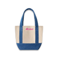 Tote bag with blue top half and beige bottom half, featuring the word 'Maker' in pink.