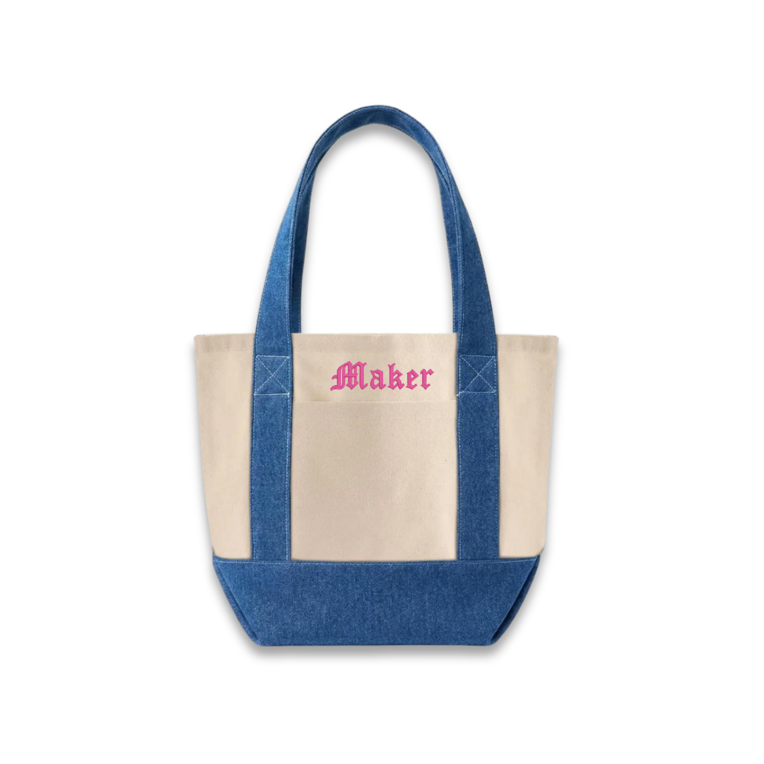 Tote bag with blue top half and beige bottom half, featuring the word 'Maker' in pink.