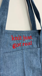 Make(r) Your Own | Denim Pocket Tote Bag | Embroidered Knitting Project Tote