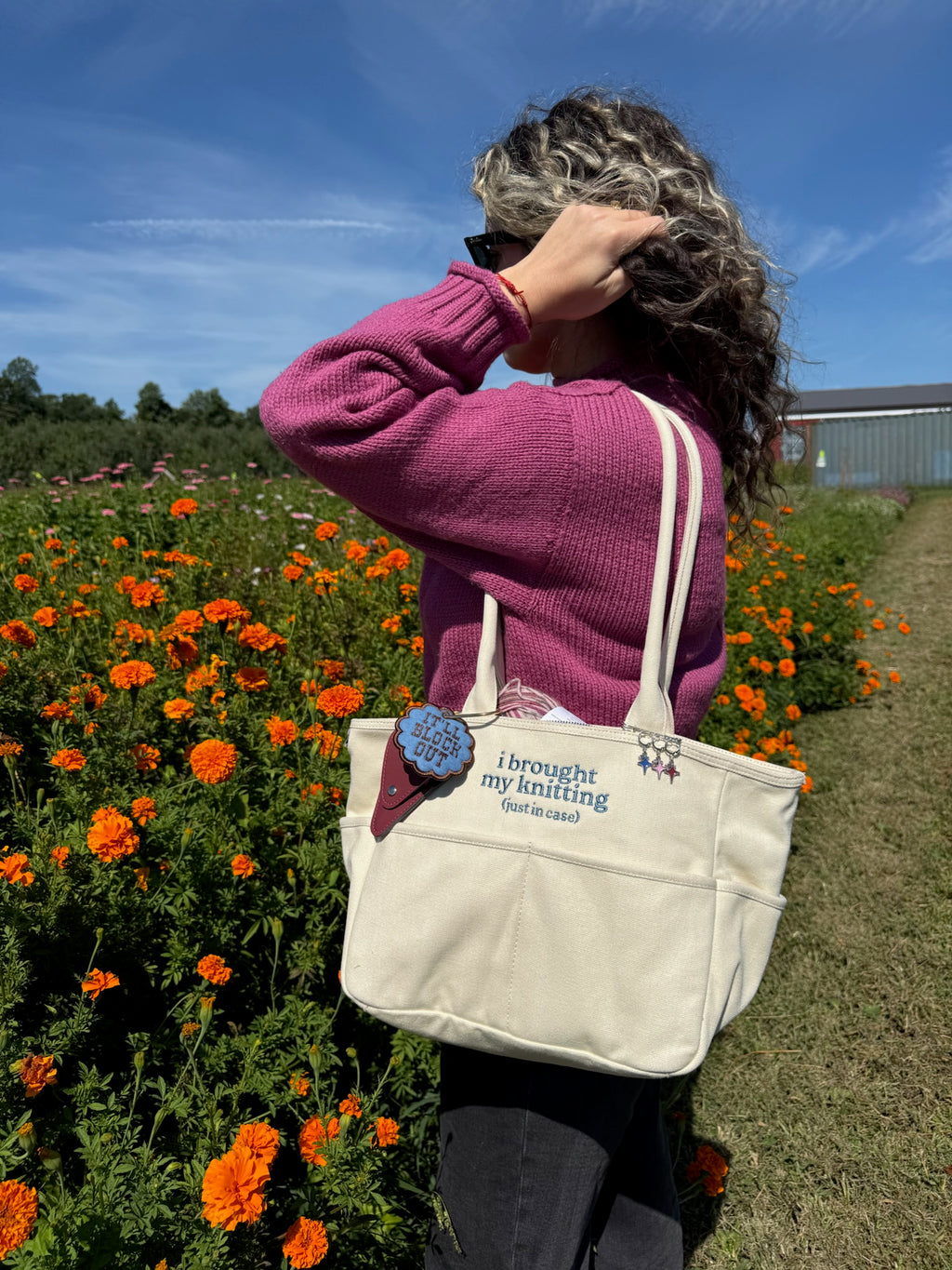 I Brought My Knitting Natural Canvas TIMI Tote™ – Slate Blue Embroidery