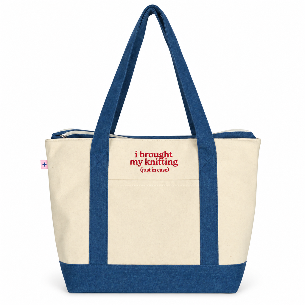 I Brought My Knitting Denim/Canvas Stash Tote with red embroidery