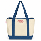 I Brought My Knitting Denim/Canvas Stash Tote with red embroidery