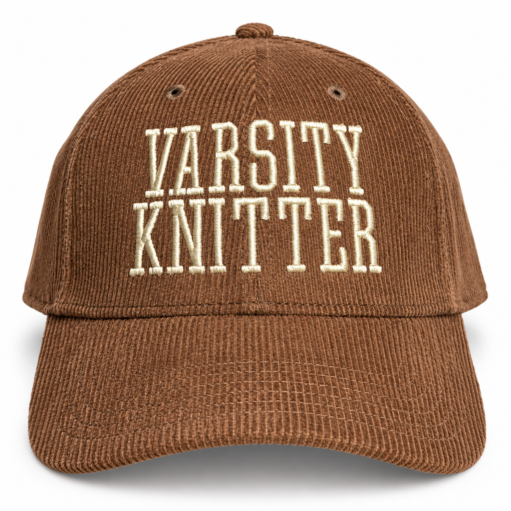 Varsity Knitter – Brown Corduroy Hat – Taupe Puff Embroidery