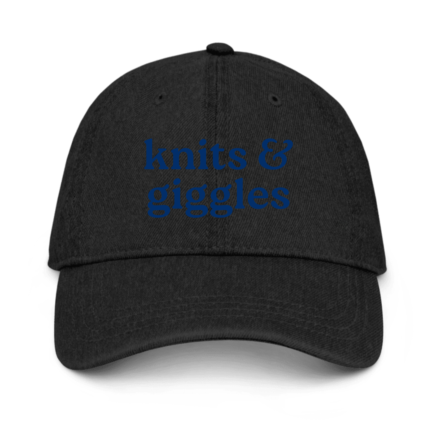 Black cap with a blue embroidered design on a white background